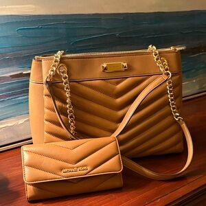 Michael Kors Brown Quilted jet set travel Shoulder Bag with matching Wallet